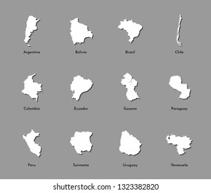 Vector illustration set with simplified maps of all South America states (countries: Argentina, Brazil, Chile, Ecuador, Peru and others). White silhouettes, grey background. Alphabet order