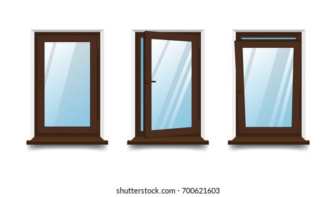 Vector illustration of a set of single-leaf windows with an example of opening