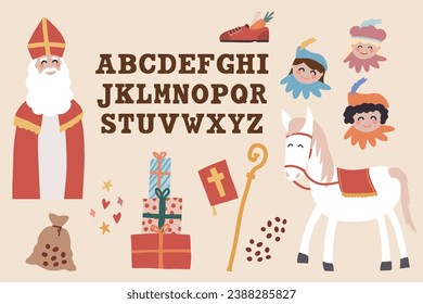 Vector illustration set Sinterklaas | clipart bundle met chocoladeletters Sint en Piet mijter staf kadootjes en Ozosnel