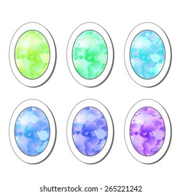 Vector illustration: set of six  abstract Easter eggs with confetti in form of stickers in cold colors