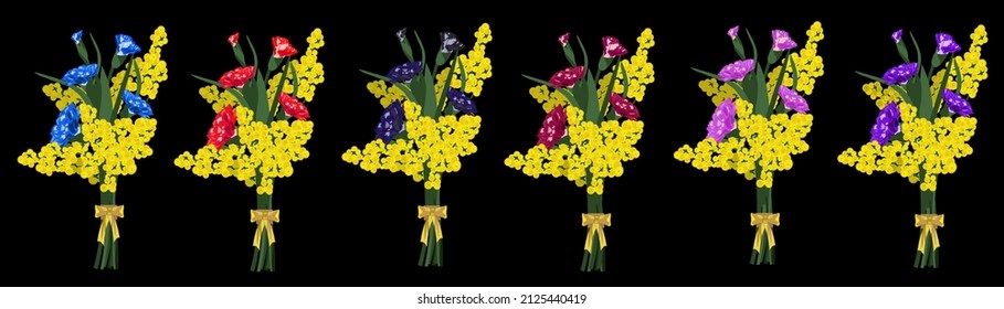 Vector illustration Set of six bouquets with bow on black background Carnation flowers and mimosa