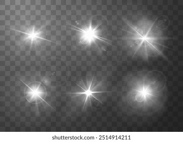 Vector illustration of set of six bright sunlight glare effects with lens flares on a transparent background. Each glare features a combination of glowing light, rays, and soft, diffused edges.