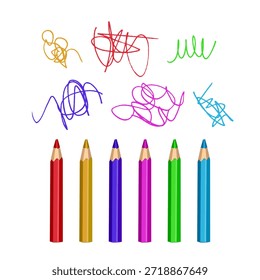 Ilustración vectorial de un conjunto de seis lápices de colores brillantes (rojo, amarillo, púrpura, rosa, verde, azul) con garabatos dibujados a mano sobre cada uno. Diseño minimalista y limpio sobre un fondo blanco. Perfecto para temas de regreso a la escuela