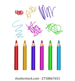 Ilustración vectorial de un conjunto de seis lápices de colores brillantes (rojo, amarillo, púrpura, rosa, verde, azul) con garabatos dibujados a mano sobre cada uno. Diseño minimalista y limpio sobre un fondo blanco. Perfecto para temas de regreso a la escuela