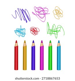Ilustración vectorial de un conjunto de seis lápices de colores brillantes (rojo, amarillo, púrpura, rosa, verde, azul) con garabatos dibujados a mano sobre cada uno. Diseño minimalista y limpio sobre un fondo blanco. Perfecto para temas de regreso a la escuela
