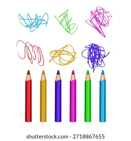 Ilustración vectorial de un conjunto de seis lápices de colores brillantes (rojo, amarillo, púrpura, rosa, verde, azul) con garabatos dibujados a mano sobre cada uno. Diseño minimalista y limpio sobre un fondo blanco. Perfecto para temas de regreso a la escuela