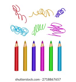 Ilustración vectorial de un conjunto de seis lápices de colores brillantes (rojo, amarillo, púrpura, rosa, verde, azul) con garabatos dibujados a mano sobre cada uno. Diseño minimalista y limpio sobre un fondo blanco. Perfecto para temas de regreso a la escuela