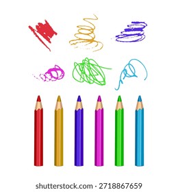 Ilustración vectorial de un conjunto de seis lápices de colores brillantes (rojo, amarillo, púrpura, rosa, verde, azul) con garabatos dibujados a mano sobre cada uno. Diseño minimalista y limpio sobre un fondo blanco. Perfecto para temas de regreso a la escuela