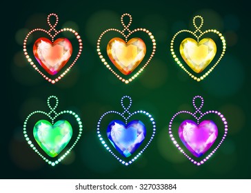 Vector illustration: set of six bright christmas decoration in form of heart made of varicolored glittering crystals isolated on dark green background with shiny bokeh circles