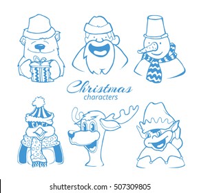 Vector Illustration set of six characters of winter christmas holidays. White bear, snowman, Santa, deer, penguin, elf. Hand drawn pictures isolate on white background.