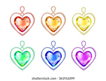 Vector illustration: set of six decorative hearts made of bright varicolored glittering crystals isolated on white background