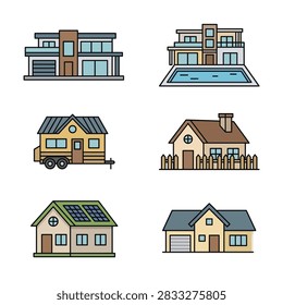 Vector illustration set of six different house styles, including a modern villa, mansion with pool, tiny trailer home, cottage with fence, eco-house with solar panels, and suburban home.