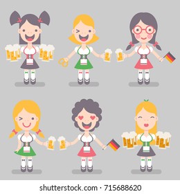 Vector illustration: set of six funny emotional female characters Traditional Waitress with beer mugs, german flags and brezel in flat style for Oktoberfest decor
 isolated on grey background
