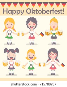 Vector illustration: set of six funny emotional female characters Traditional Waitress with beer mugs, german flags and brezel in flat style for Oktoberfest decor  isolated on creamy background
