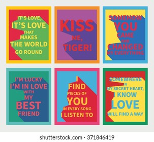 Vector illustration: set of six motivation posters with love slogan with diagonal shadow made in bright colors and pop-art style