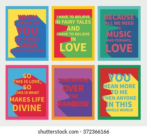Vector illustration: set of six motivation posters with love slogan with diagonal shadow made in bright colors and pop-art style