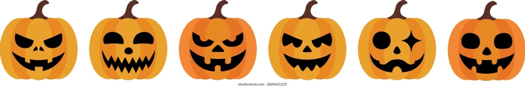 Vector illustration of a set of six orange Halloween jack-o'-lantern pumpkins with various funny and spooky facial expressions for holiday greeting card designs.