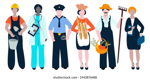 vector illustration set of six people of different professions - doctor, builder, farmer, manager, baker policeman on a white background labor day. flat illustration for websites, applications.