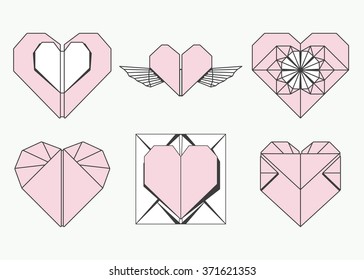 Vector illustration: set of six pink and white origami heart symbols for Valentine's Day decoration isolated on white background