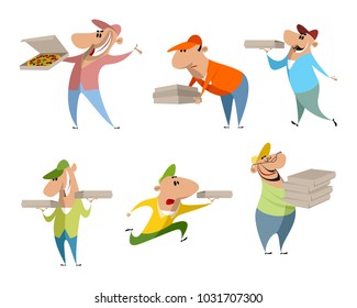 Vector illustration of set of six pizza deliverers