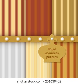 Vector illustration:  set of six seamless backgrounds with silver, golden and red stripes and golden  band  with gems and crown