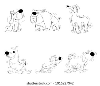 Vector illustration of set of six sketches of dogs