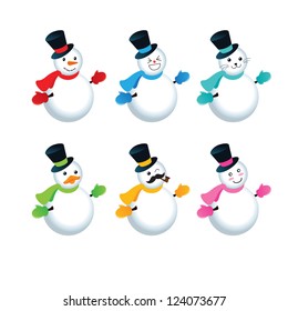 Vector illustration set of six snowmen A collection of Snow man icons set.