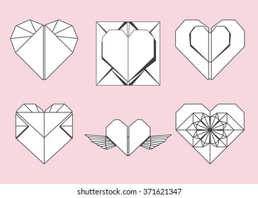 Vector illustration: set of six white origami heart symbols for Valentine's Day decoration isolated on pink background