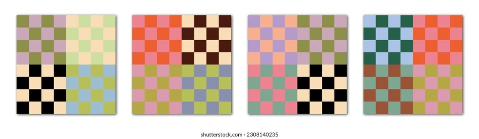 Ilustración vectorial. Conjunto de seis fondos Y2k. Afiches geométricos simples y geniales. Colores de tablero de ajedrez en tonos pastel. Adecuado como paleta para la impresión de patrones o textiles.