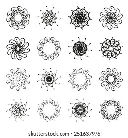Vector illustration: set of sixteen black abstract ligature round ornaments
