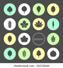 Vector illustration: set of sixteen varicolored stickers with black silhouettes of different tree leaves isolated on black background