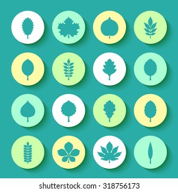 Vector illustration: set of sixteen volume varicolored stickers with green silhouettes of different tree leaves icons isolated on green background