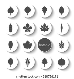 Vector illustration: set of sixteen volumetric circle badges with black contours of different tree leaves icons isolated on white background