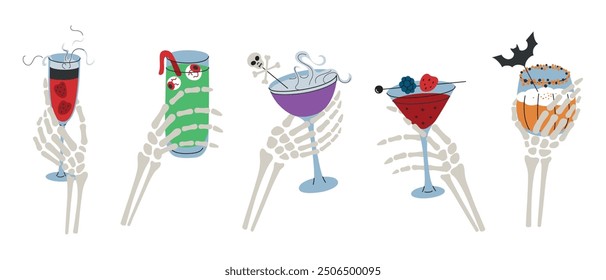 Vector illustration set of skeleton hands holding Halloween cocktails. Spooky collection with creepy drinks for gothic parties. Witch heart with blackberry, pumpkin smoothie, eyeball punch