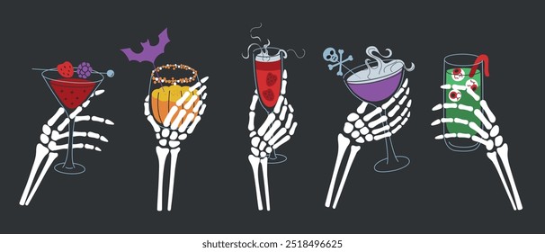 Vector illustration set of skeleton hands holding glasses with Halloween cocktails. Spooky collection with fancy drinks for gothic parties. Blackberry beverage, pumpkin smoothie, punch with eyeballs