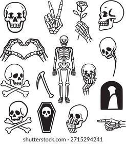 Ilustração vetorial conjunto de esqueletos e crânios no estilo de arte de linha desenhada à mão para designs de tatuagem.
