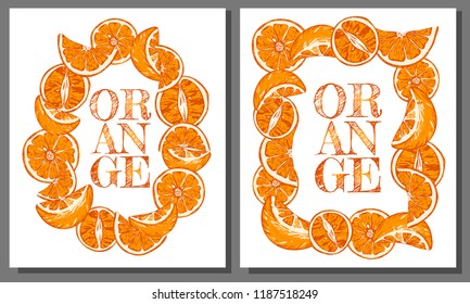 Vector illustration set of sketch hand drawn colorful oranges and slice orange. Fresh fruits, citrus, Italy, Spain, mandarins. Organic food label. Vintage style, banner, flyer, poster, fruit store.