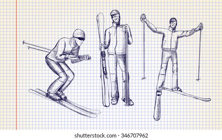 Vector illustration. set Sketch of the skier on the background of notebook sheet. Styling drawing pen.