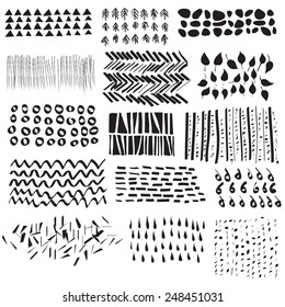 Vector illustration of a set of sketches, elements for distressing grunge designs, fabric templates 