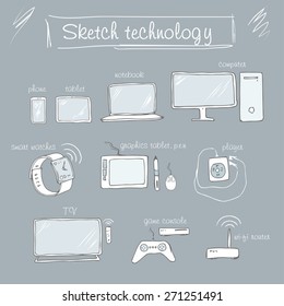 Vector illustration. A set of sketches of gadgets in the style of freehand drawing on a gray background. Technologies.