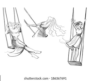 vector illustration. Set of sketches girl swinging on a swing
