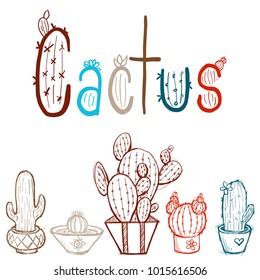 A vector illustration of a a set of sketchy cacti in pots.