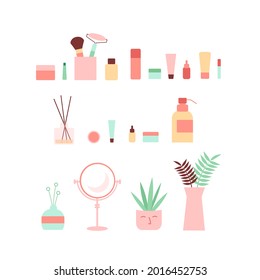 Vector illustration with set of skin care products, home plants and interior elements.