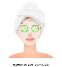 Vector illustration set of skin care applies cosmetic masks. Girl skin care face cucumber mask elements of home spa, beauty, relaxation, beauty treatments