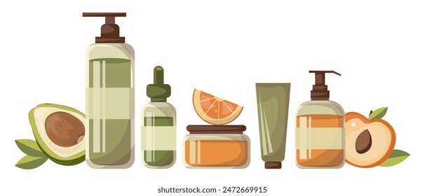 Vector illustration. A set of skincare products: serum, shampoo, cream, soap. Cosmetic jars. Body care, facial care. Organic cosmetics. White background, isolated vector. Collection of objects