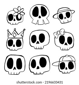 Vector illustration set of Skull cartoon line on white background.