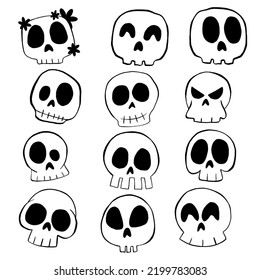 Vector illustration set of Skull cartoon line on white background.