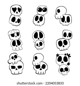 Vector illustration set of Skull cartoon line on white background.