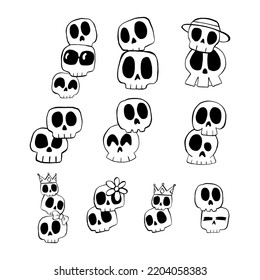 Vector illustration set of Skull cartoon line on white background.