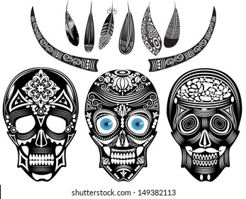 Vector illustration of a set of skulls with horns and feathers in graphic black and white style